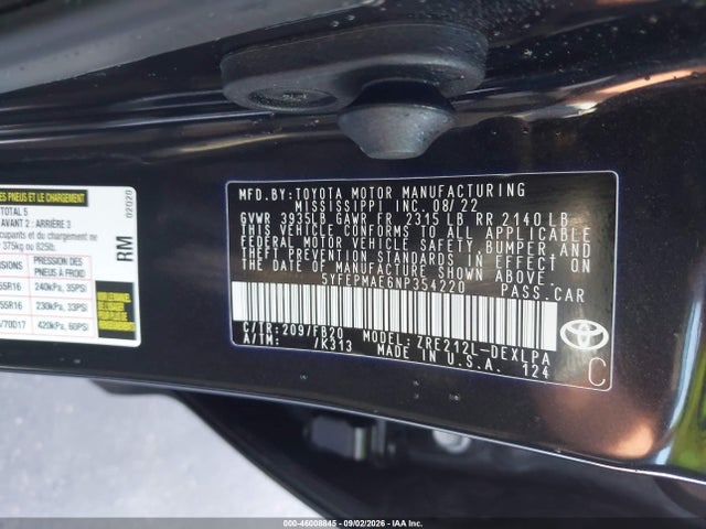 2022 Toyota Corolla Le მანქანა იყიდება აუქციონზე, vin: 5YFEPMAE6NP354220, აუქციონის ნომერი: 46008845