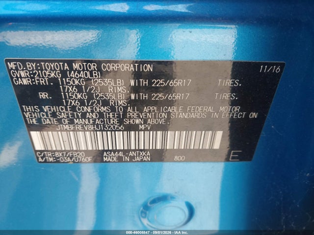 Aukcja sprzedaży 2017 Toyota Rav4 Le, vin: JTMBFREV8HJ132056, numer aukcji: 46008847