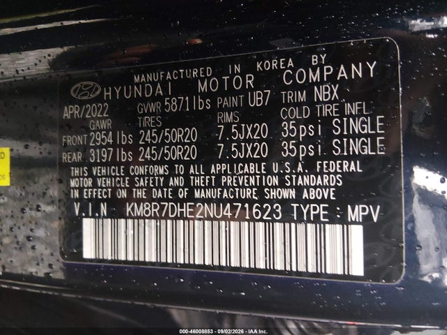 46008853 :رقم المزاد ، KM8R7DHE2NU471623 vin ، 2022 Hyundai Palisade Calligraphy مزاد بيع