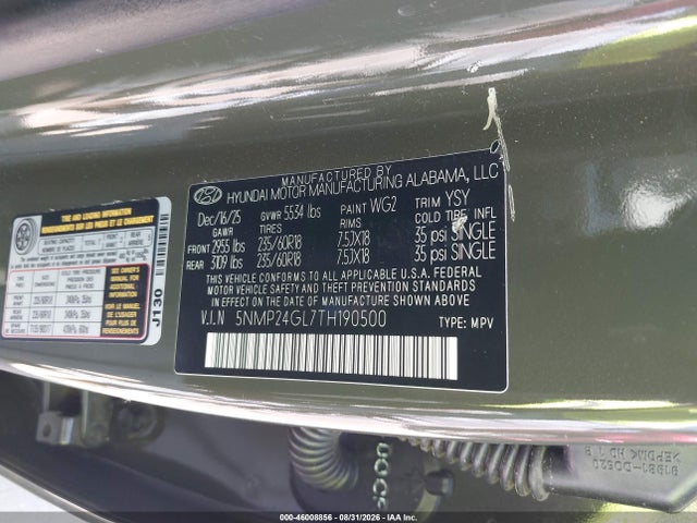 Продаж на аукціоні авто 2026 Hyundai Santa Fe Sel, vin: 5NMP24GL7TH190500, номер лоту: 46008856