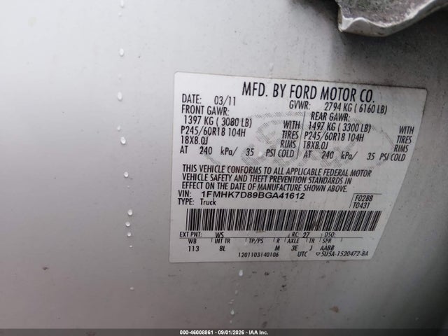 46008861 :رقم المزاد ، 1FMHK7D89BGA41612 vin ، 2011 Ford Explorer Xlt مزاد بيع