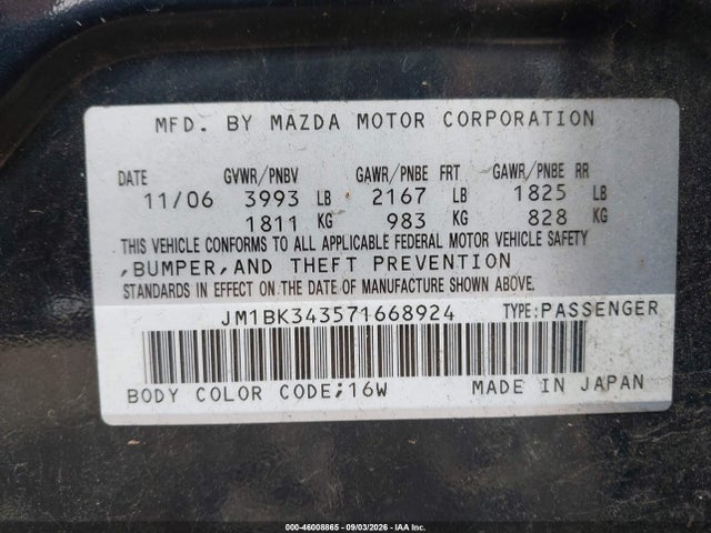 Aukcja sprzedaży 2007 Mazda Mazda3 S Grand Touring, vin: JM1BK343571668924, numer aukcji: 46008865