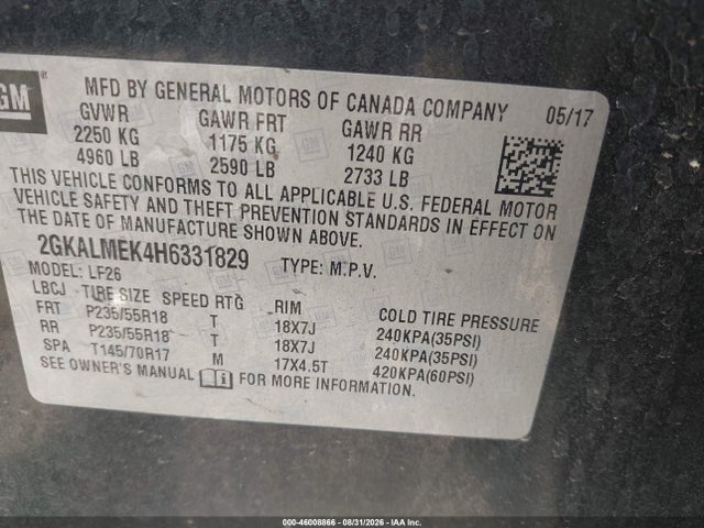 46008866 :رقم المزاد ، 2GKALMEK4H6331829 vin ، 2017 Gmc Terrain Sle-1 مزاد بيع
