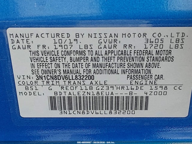 Продажа на аукционе авто 2020 Nissan Versa S Xtronic Cvt, vin: 3N1CN8DV6LL832200, номер лота: 46008867