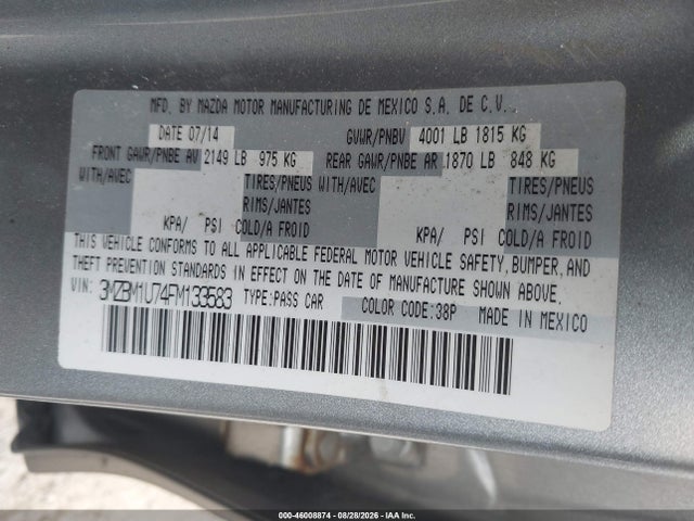 2015 Mazda Mazda3 I Sport მანქანა იყიდება აუქციონზე, vin: 3MZBM1U74FM133583, აუქციონის ნომერი: 46008874