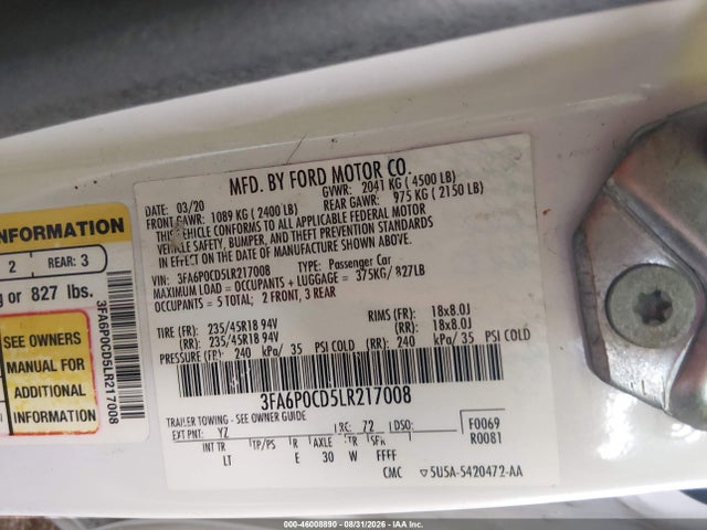 Продажа на аукционе авто 2020 Ford Fusion Sel, vin: 3FA6P0CD5LR217008, номер лота: 46008890