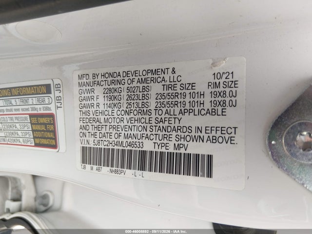 46008892 :رقم المزاد ، 5J8TC2H34ML046533 vin ، 2021 Acura Rdx Standard مزاد بيع