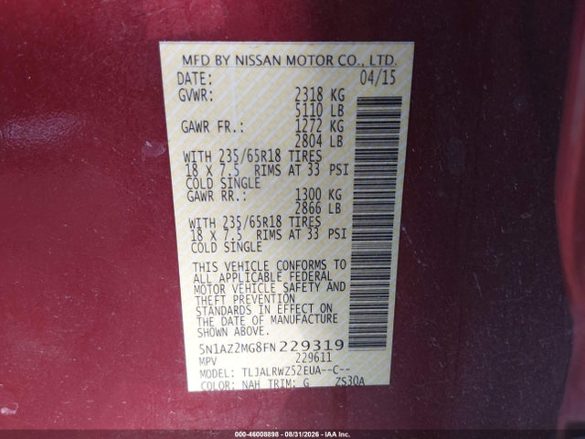 Продажа на аукционе авто 2015 Nissan Murano Sl, vin: 5N1AZ2MG8FN229319, номер лота: 46008898