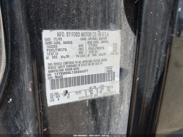 2003 Ford F-150 Lariat/xlt მანქანა იყიდება აუქციონზე, vin: 1FTRW08L13KB66377, აუქციონის ნომერი: 46008903