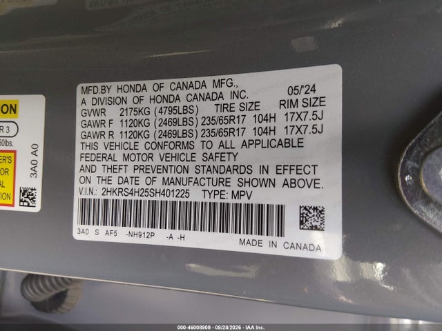 2HKRS4H25SH401225 Honda Cr-v Lx Awd