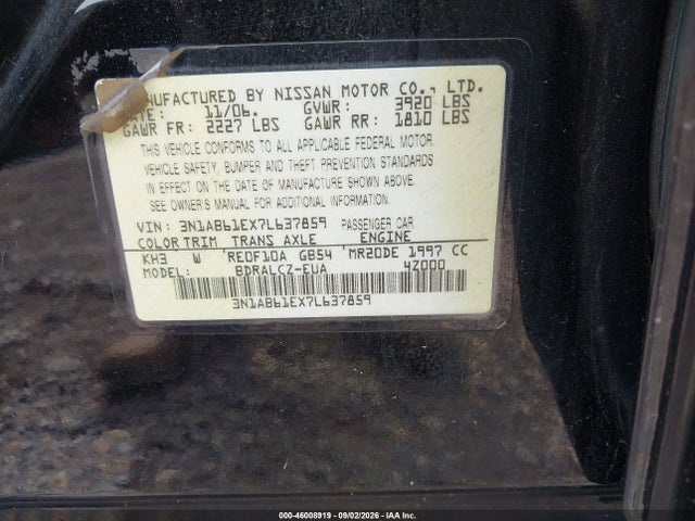 2007 Nissan Sentra 2.0 მანქანა იყიდება აუქციონზე, vin: 3N1AB61EX7L637859, აუქციონის ნომერი: 46008919