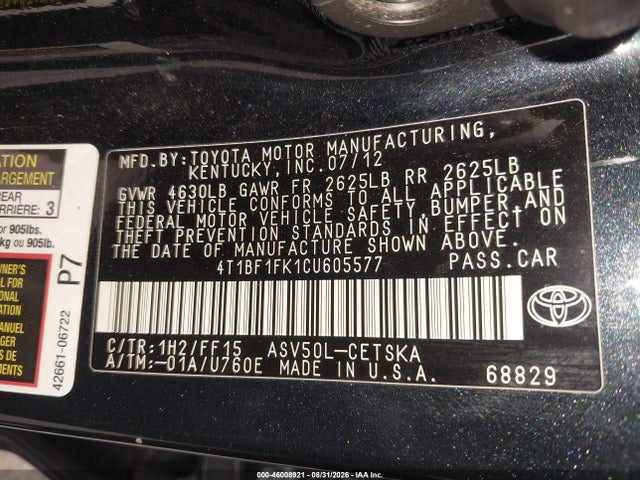 Aukcja sprzedaży 2012 Toyota Camry Se, vin: 4T1BF1FK1CU605577, numer aukcji: 46008921