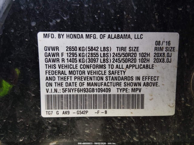 Honda Pilot Touring 2016 5FNYF6H93GB109409 Image 9