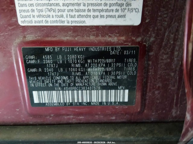 Aukcja sprzedaży 2011 Subaru Outback 2.5i Premium, vin: 4S4BRBCC3B3407579, numer aukcji: 46008930