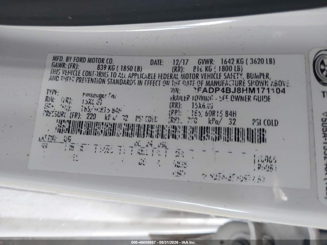 46008957 :رقم المزاد ، 3FADP4BJ8HM171104 vin ، 2017 Ford Fiesta Se مزاد بيع