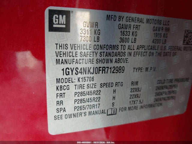46008961 :رقم المزاد ، 1GYS4NKJ0FR712989 vin ، 2015 Cadillac Escalade Premium مزاد بيع