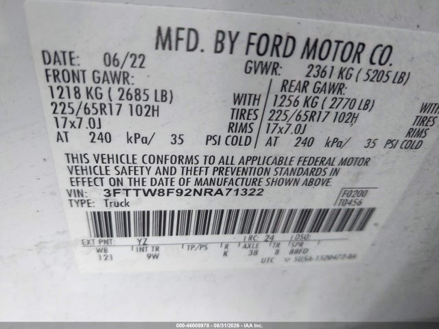 Aukcja sprzedaży 2022 Ford Maverick Xl, vin: 3FTTW8F92NRA71322, numer aukcji: 46008978