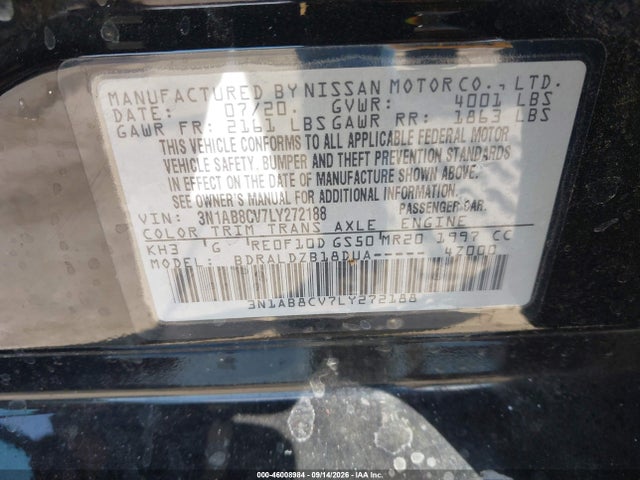 46008984 :رقم المزاد ، 3N1AB8CV7LY272188 vin ، 2020 Nissan Sentra Sv Xtronic Cvt مزاد بيع