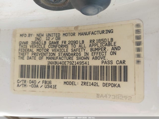 Продажа на аукционе авто 2009 Toyota Corolla, vin: 1NXBU40E79Z149541, номер лота: 46008991