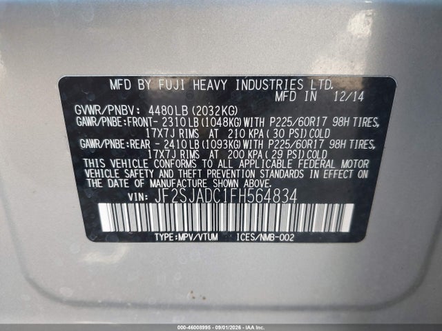 Aukcja sprzedaży 2015 Subaru Forester 2.5i Premium, vin: JF2SJADC1FH564834, numer aukcji: 46008995
