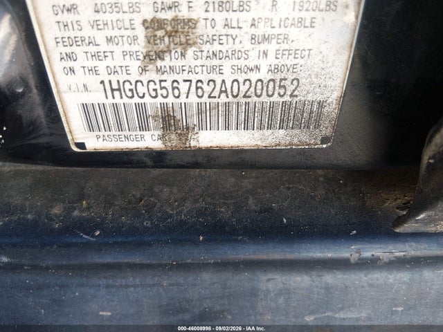 Продаж на аукціоні авто 2002 Honda Accord 2.3 Se, vin: 1HGCG56762A020052, номер лоту: 46008998