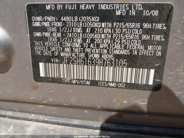 Продаж на аукціоні авто 2009 Subaru Forester 2.5x, vin: JF2SH61639H763105, номер лоту: 46008999