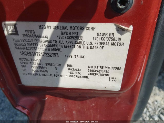 46009006 :رقم المزاد ، 1GCEK19T21Z232793 vin ، 2001 Chevrolet Silverado 1500 Ls مزاد بيع
