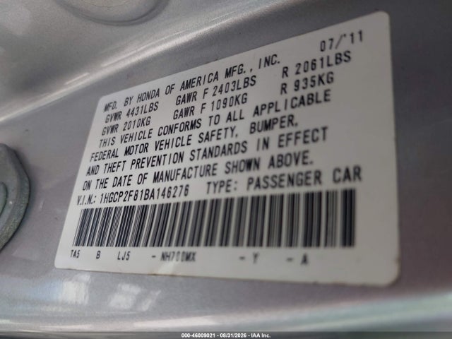 Aukcja sprzedaży 2011 Honda Accord 2.4 Ex-l, vin: 1HGCP2F81BA146276, numer aukcji: 46009021