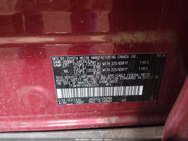 2024 Toyota Rav4 Xle მანქანა იყიდება აუქციონზე, vin: 2T3W1RFV4RW362324, აუქციონის ნომერი: 46009037