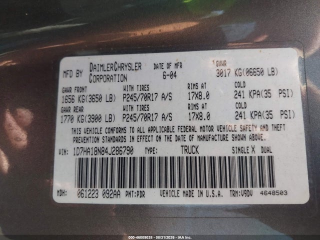 Aukcja sprzedaży 2004 Dodge Ram 1500 Slt/laramie, vin: 1D7HA18N84J286790, numer aukcji: 46009038