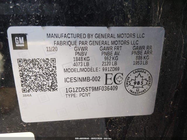 2021 Chevrolet Malibu Lt მანქანა იყიდება აუქციონზე, vin: 1G1ZD5ST9MF036409, აუქციონის ნომერი: 46009040