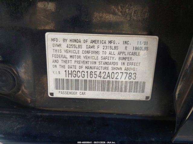 2002 Honda Accord 3.0 Ex მანქანა იყიდება აუქციონზე, vin: 1HGCG16542A027783, აუქციონის ნომერი: 46009041