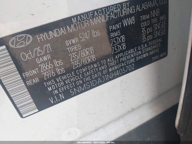 46009050 :رقم المزاد ، 5NMS1DAJ1NH405702 vin ، 2022 Hyundai Santa Fe Se مزاد بيع