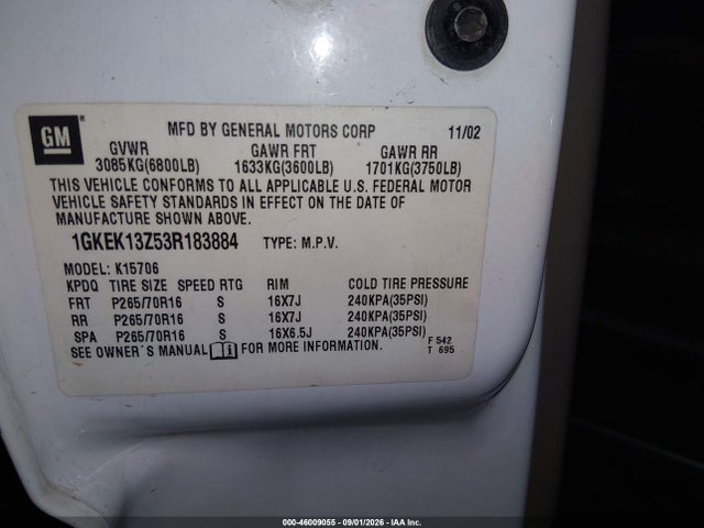46009055 :رقم المزاد ، 1GKEK13Z53R183884 vin ، 2003 Gmc Yukon Slt مزاد بيع