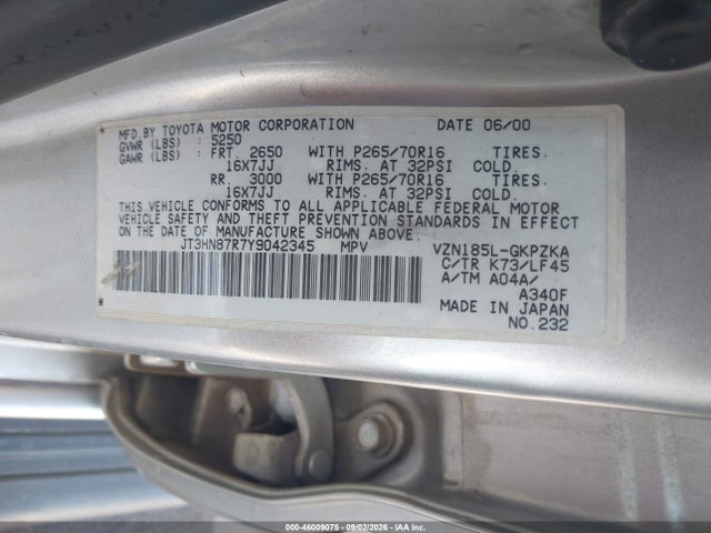 2000 Toyota 4runner Limited V6 მანქანა იყიდება აუქციონზე, vin: JT3HN87R7Y9042345, აუქციონის ნომერი: 46009075