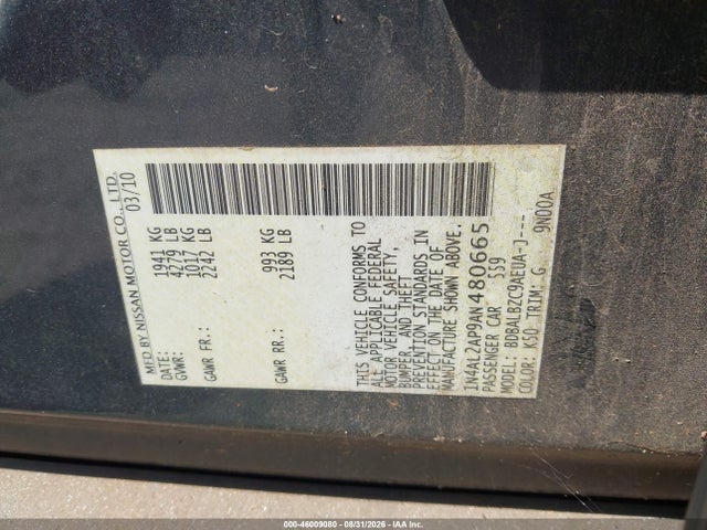 Aukcja sprzedaży 2010 Nissan Altima 2.5 S, vin: 1N4AL2AP9AN480665, numer aukcji: 46009080