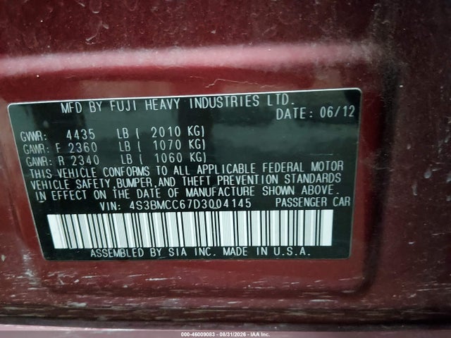 Aukcja sprzedaży 2013 Subaru Legacy 2.5i Premium, vin: 4S3BMCC67D3004145, numer aukcji: 46009083