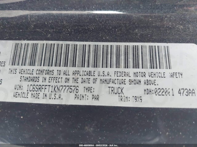 46009084 :رقم المزاد ، 1C6SRFFT1KN777576 vin ، 2019 Ram 1500 Big Horn/lone Star  4x4 5'7 Box مزاد بيع