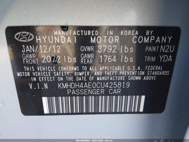 Продажа на аукционе авто 2012 Hyundai Elantra Gls (ulsan Plant), vin: KMHDH4AE0CU425819, номер лота: 46009094