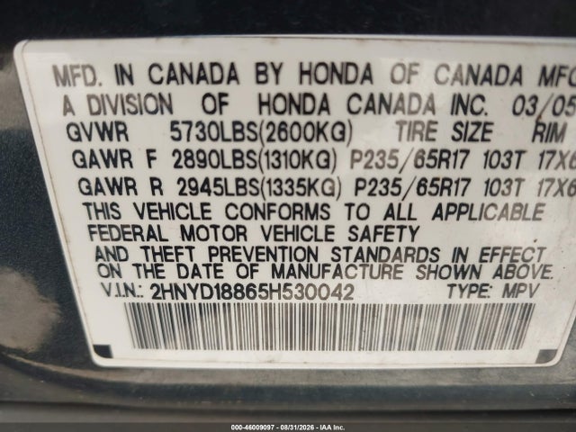 Auction sale of the 2005 Acura Mdx, vin: 2HNYD18865H530042, lot number: 46009097