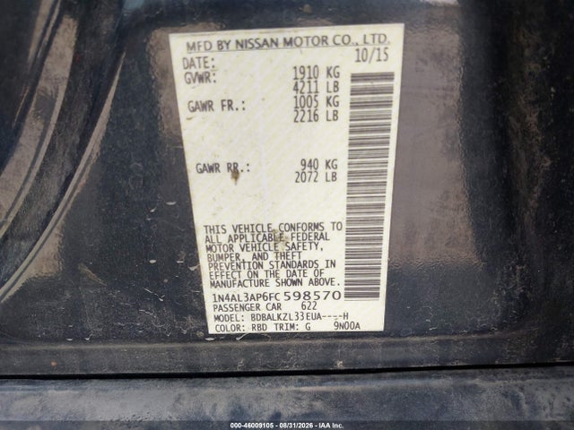 2015 Nissan Altima 2.5 Sv მანქანა იყიდება აუქციონზე, vin: 1N4AL3AP6FC598570, აუქციონის ნომერი: 46009105