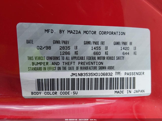 Продаж на аукціоні авто 1999 Mazda Mx-5 Miata Leather Pkg/popular Equipment Pkg/sports Pkg/touring Pkg, vin: JM1NB3535X0106832, номер лоту: 46009146