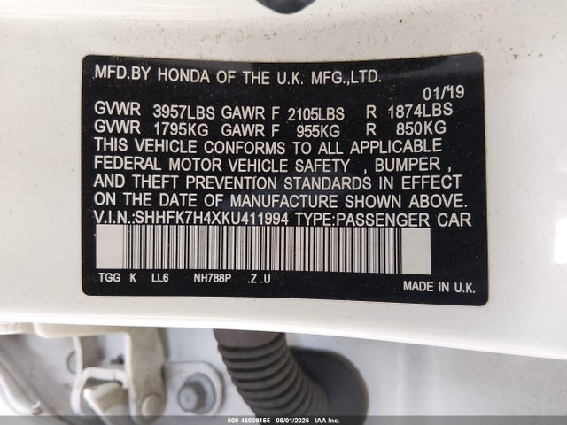 Продажа на аукционе авто 2019 Honda Civic Sport, vin: SHHFK7H4XKU411994, номер лота: 46009155