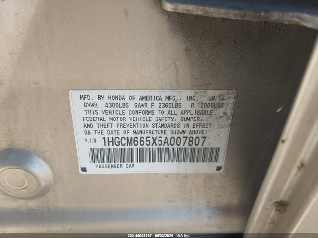 46009167 :رقم المزاد ، 1HGCM665X5A007807 vin ، 2005 Honda Accord 3.0 Ex مزاد بيع