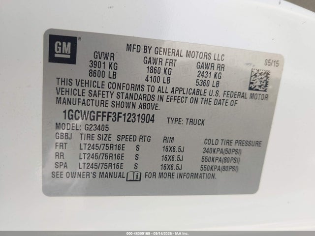 46009169 :رقم المزاد ، 1GCWGFFF3F1231904 vin ، 2015 Chevrolet Express 2500 Work Van مزاد بيع