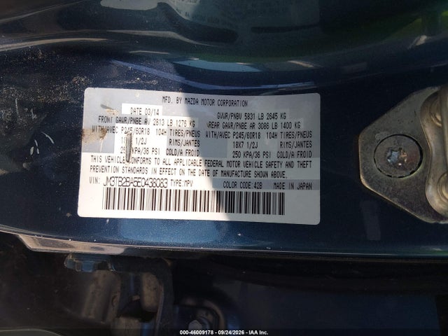 46009178 :رقم المزاد ، JM3TB2BA5E0438083 vin ، 2014 Mazda Cx-9 Sport مزاد بيع