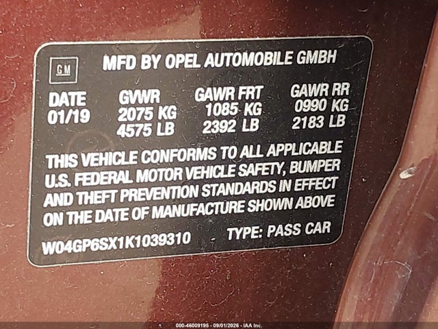 46009195 :رقم المزاد ، W04GP6SX1K1039310 vin ، 2019 Buick Regal Sportback Fwd Essence مزاد بيع