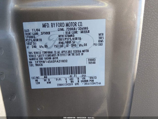 Продаж на аукціоні авто 2005 Ford F-150 Fx4/lariat/xlt, vin: 1FTPW14545FA31832, номер лоту: 46009196