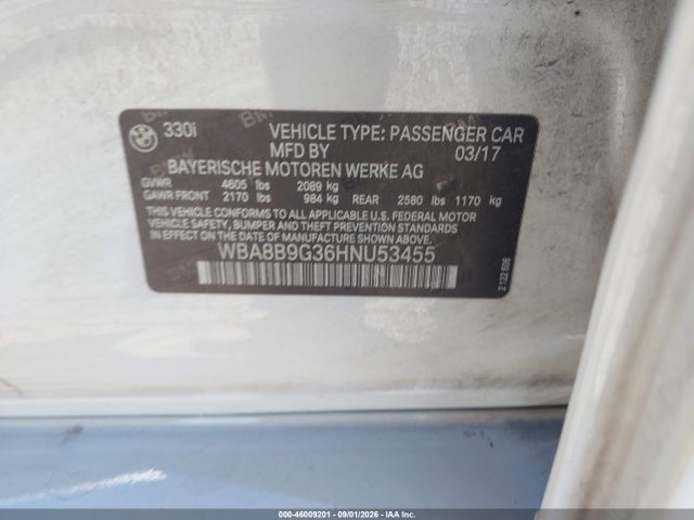 46009201 :رقم المزاد ، WBA8B9G36HNU53455 vin ، 2017 Bmw 330i مزاد بيع