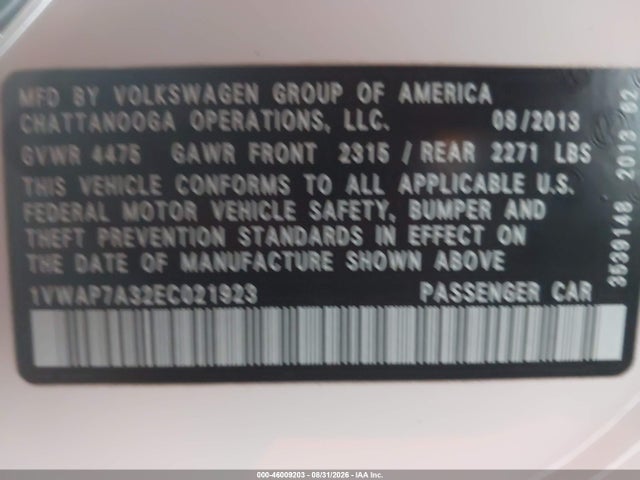 Volkswagen Passat 2.5l Wolfsburg Edition 2014 1VWAP7A32EC021923 Image 9